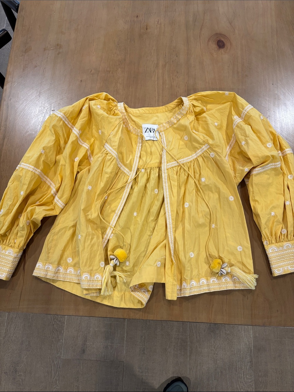 ZARA Yellow Embroidered Peasant Blouse with Tassels